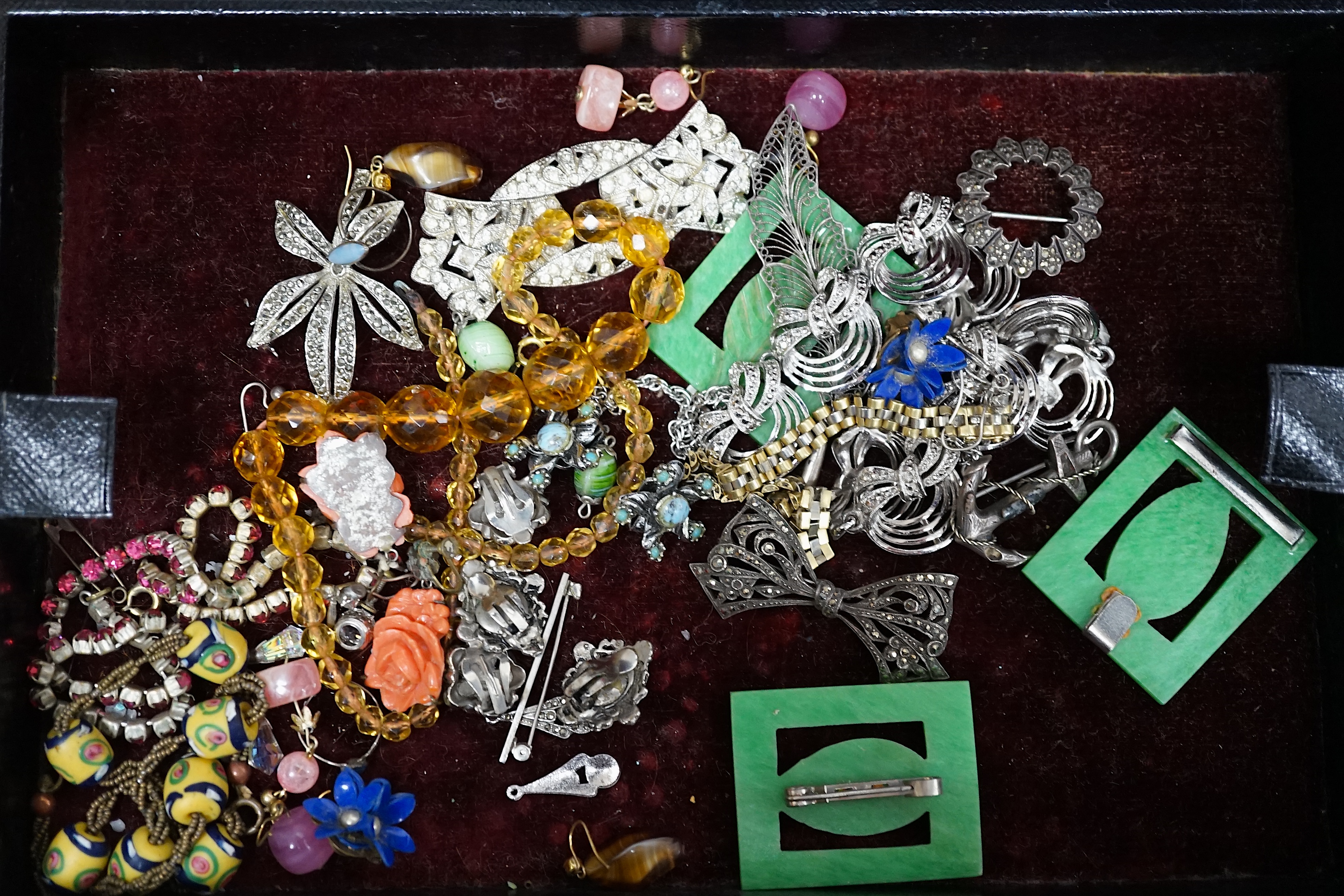 A quantity of assorted 19th century and mainly later costume jewellery and other items including folding tortoiseshell lorgnettes, antimony box, fob seal, silver and hardstone anchor brooch, white metal and enamel rings,